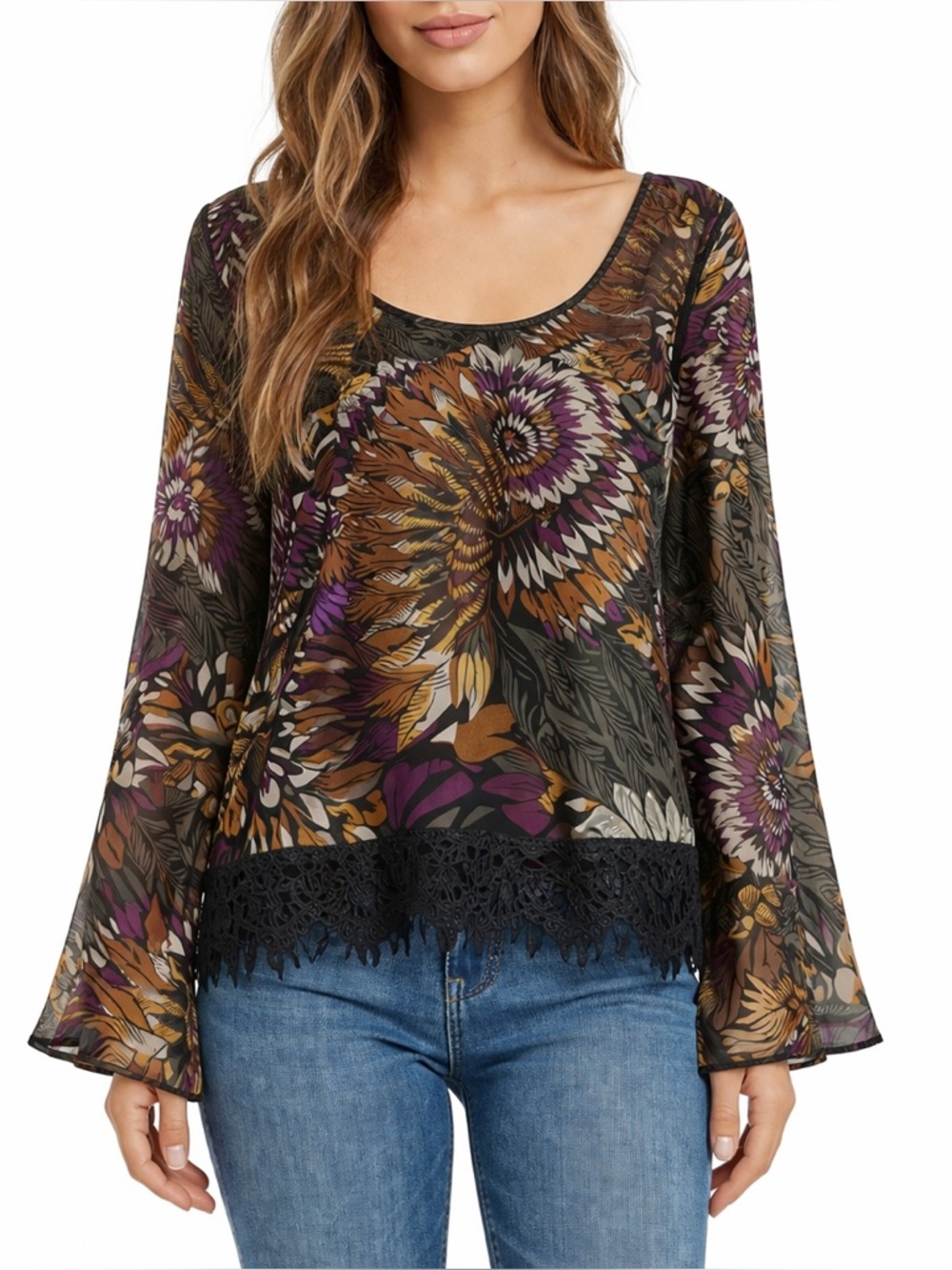 Peppermint Boho Floral Blouse Lace Hem Bell Sleeve Sheer Top Small
